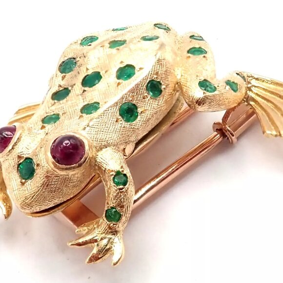 Vintage! Tiffany & Co. France 20k Yellow Gold Ruby Emerald Frog Pin Brooch - Picture 3 of 11